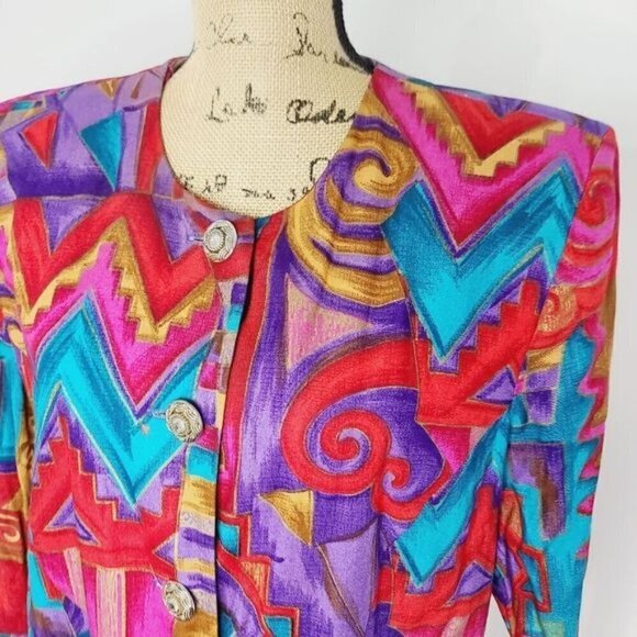 Vintage 90s Colorful Artsy Blazer / Eclectic Funky Neon Pink Red - Picture 4 of 12